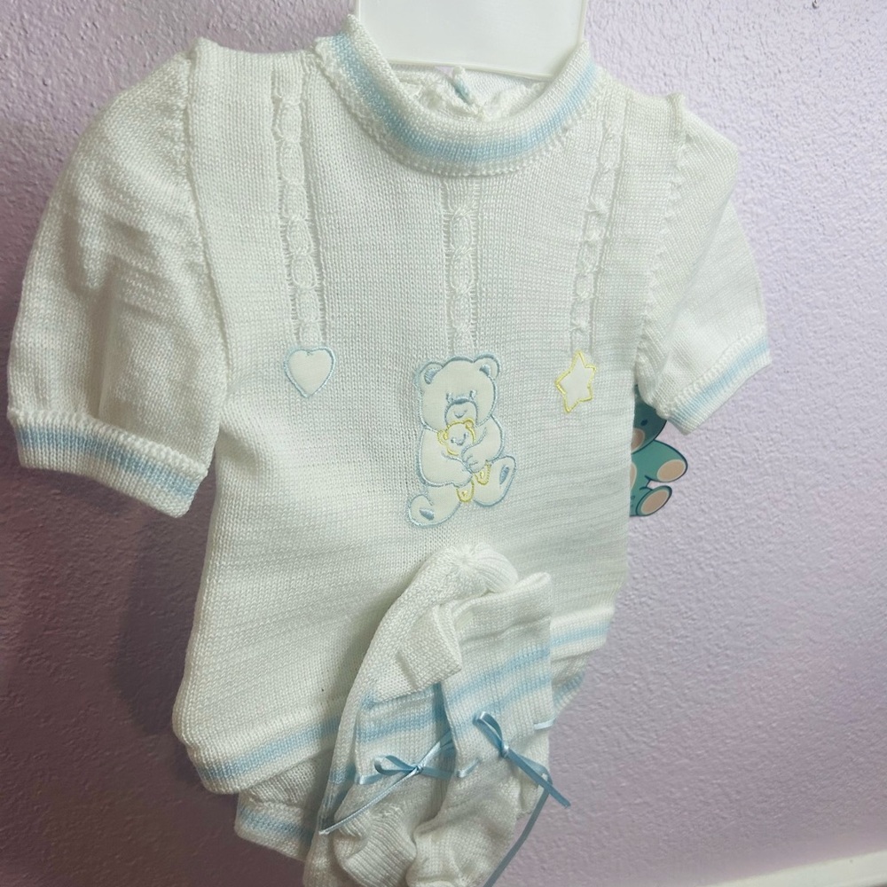 Adorable Newborn Coming Home Outfit White and Blue Baby with Bear Design